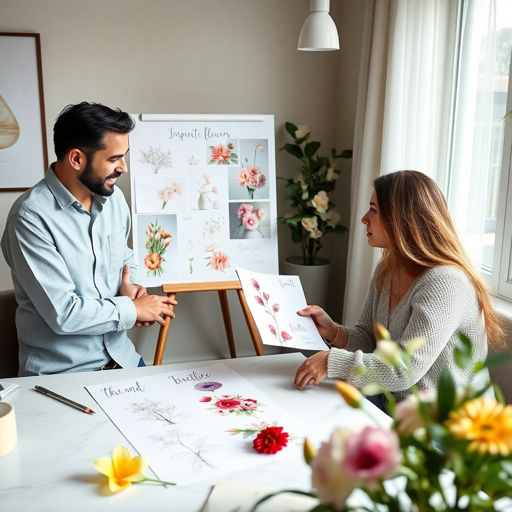 A photorealistic image of a collaborative meeting between a client and the design team of Chirag Flowers. Show a mood board or sketches with inspiration and ideas, along with examples of exotic flowers under consideration.  The atmosphere should be creative and collaborative. The lighting should be soft and natural.  The image should convey a sense of collaboration and customer service. Resolution: 4K, high-quality rendering.