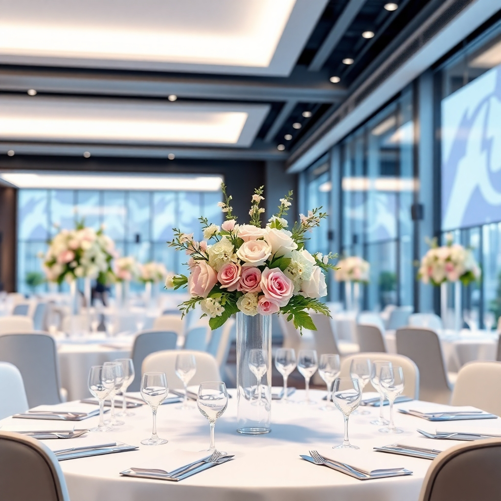 A photorealistic image of a modern corporate event space, beautifully decorated with elegant floral arrangements. The image should be sharp and professional, reflecting the sophistication of the event. The lighting should be bright and clean, highlighting the details of the floral arrangements. The style should be modern and elegant. Resolution: 4K, high-quality rendering.