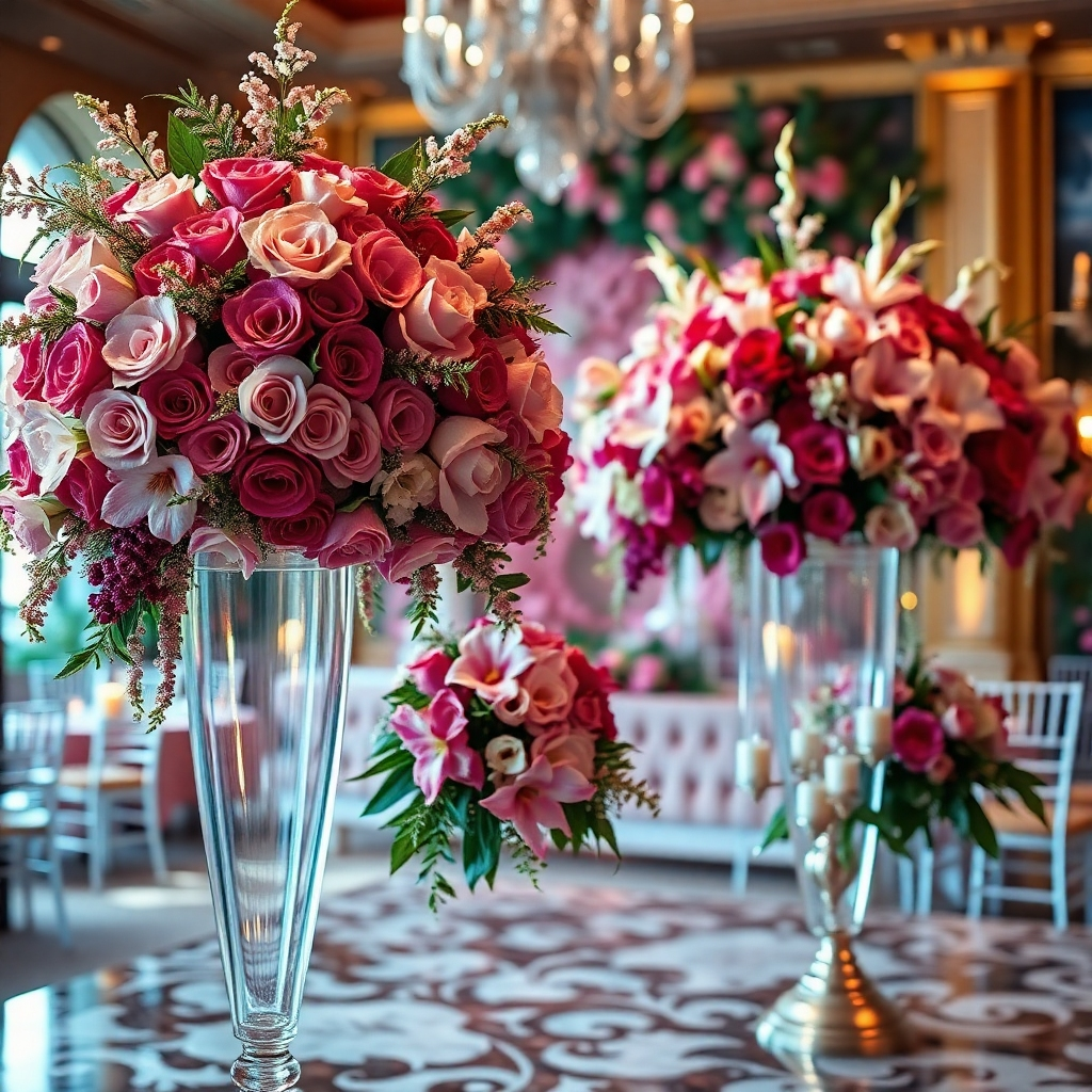 A photorealistic image of a stunning wedding setting. Focus on the details of the floral arrangements; a large, opulent wedding bouquet, and lavish centerpieces with exotic flowers like roses, orchids, and lilies. The lighting should be soft and romantic, the colors rich and elegant. Use a slightly high angle to capture the beauty of the arrangement, the environment luxurious, possibly a hint of a grand ballroom or a lush garden. Reference wedding photography styles of renowned photographers. The image should convey a sense of luxury, romance, and sophistication. Resolution: 4K, hyperrealistic rendering.
