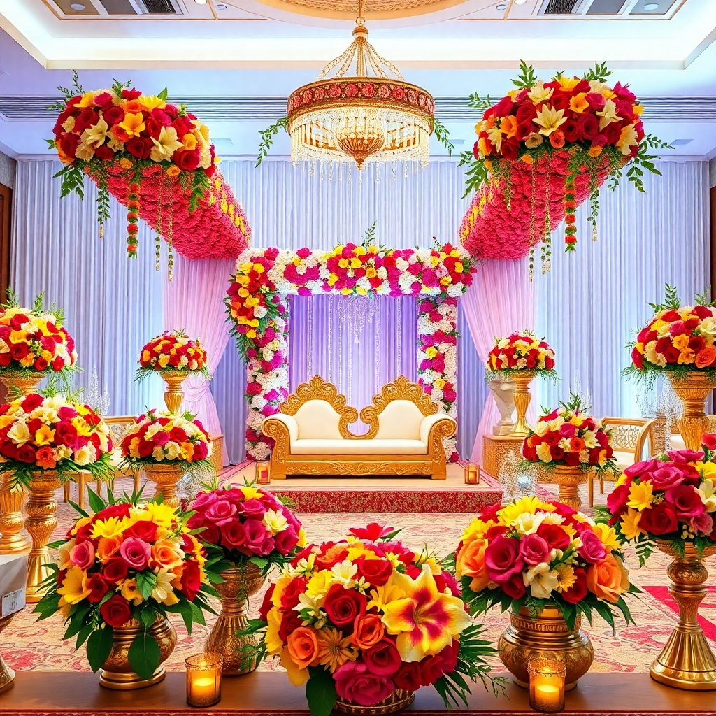 A photorealistic image showcasing a range of wedding floral decorations in various styles, such as mandaps, centerpieces, and bouquets. The flowers should be vibrant and diverse, reflecting the richness of Indian culture. The setting should evoke a luxurious wedding atmosphere. The lighting should be bright and celebratory. The image should evoke feelings of joy and celebration. Resolution: 4K, high-quality rendering.