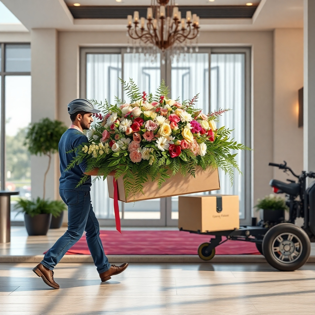 Create a 4K photorealistic image of a team of florists carefully arranging a magnificent floral display. Show them working collaboratively with passion and skill, emphasizing both the beauty of the flowers and the expertise of the team. Use natural, soft lighting to capture the detail and texture of the flowers and the focus on the hands and actions of the florists. A warm, inviting color palette with vibrant flower colors will help create a positive atmosphere. The camera angle should be slightly elevated to provide a good view of the arrangement and the people working. Include some props such as floral shears, buckets of flowers, and design sketches to create a sense of a busy but focused work environment. The style should be clean and professional, showing a balance between creativity and meticulous work. Ensure sharp focus on the main subjects, with a soft blur on the background. The photo must evoke a feeling of trust, skill and dedication from the florists.