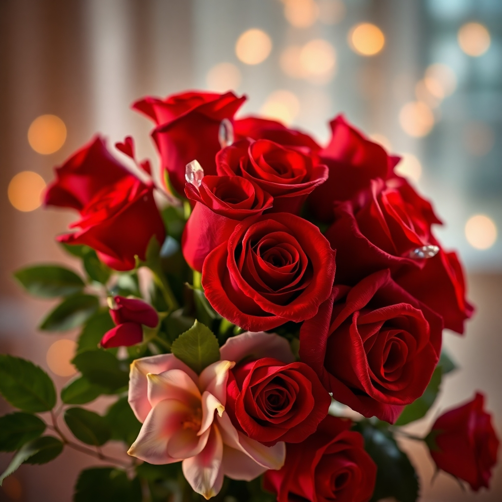 Photorealistic image of a romantic Valentine's Day scene. The focus should be on a stunning bouquet of red roses, subtly accented with other exotic flowers. The lighting should be soft and intimate, creating a romantic mood. The scene should hint at a luxurious setting or intimate moment. The style should be warm and romantic, referencing iconic romantic imagery. The image should convey love and passion. Resolution: 4K, high-quality rendering.